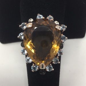 Massive 27 CTW Genuine Cognac Quartz & Topaz Ring